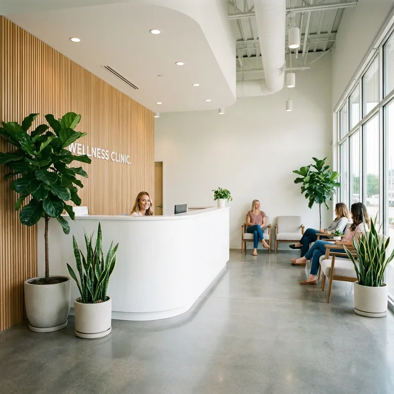 Modern and welcoming clinic reception area with wooden slat wall