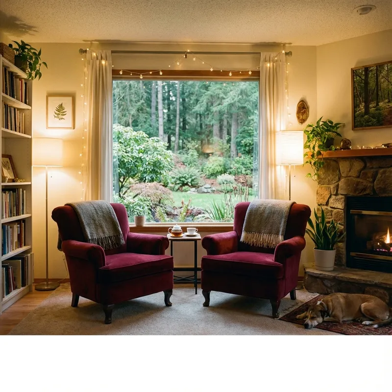 Comfortable therapy room with red armchairs and nature view